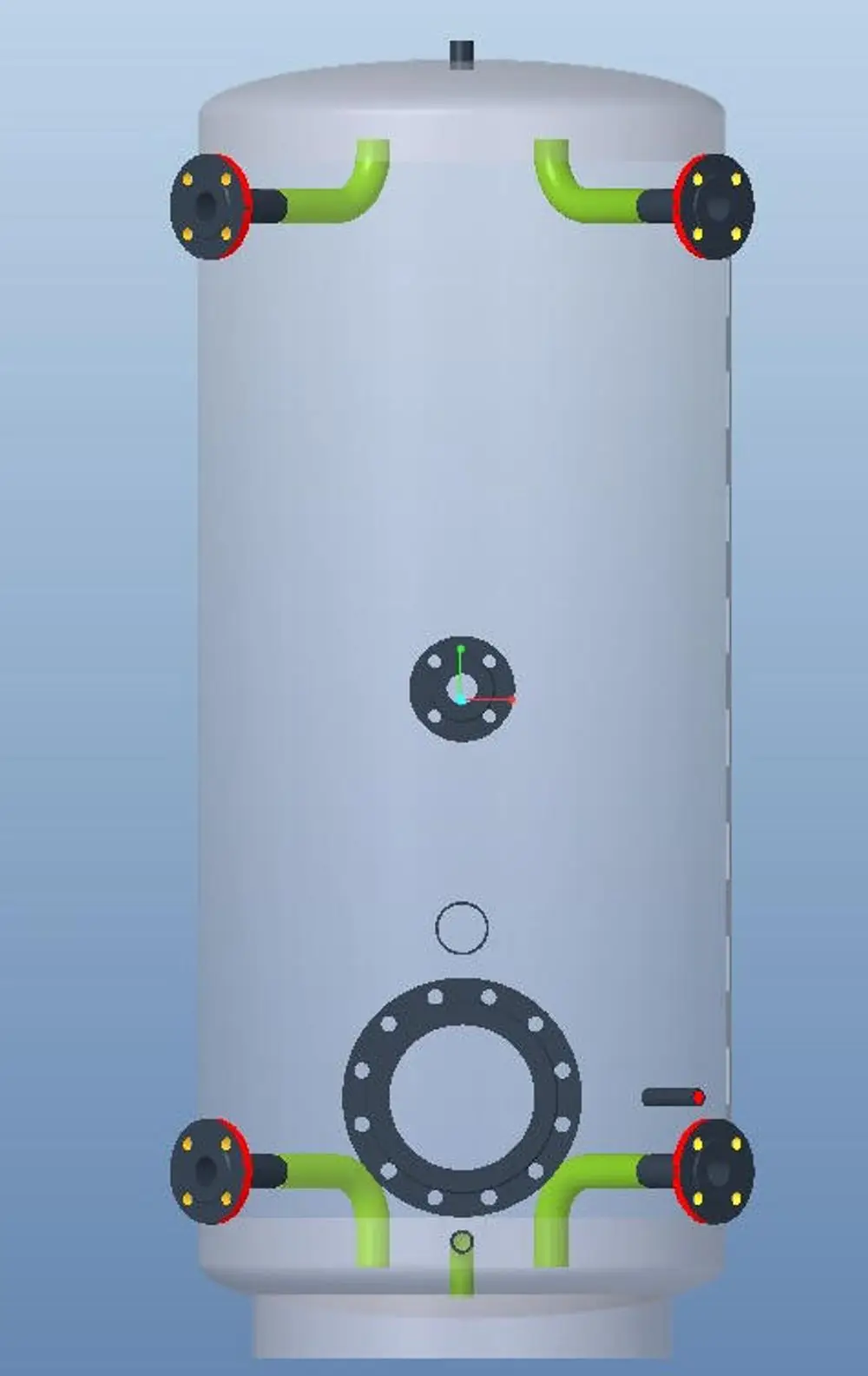 Zylindrischer Pufferspeicher mit mehreren Anschlussleitungen und einem Druckmessgerät, ausgeführt in RSt 37-2, ausgestattet mit Wärmedämmung aus EPS. Produkt von Danfoss.